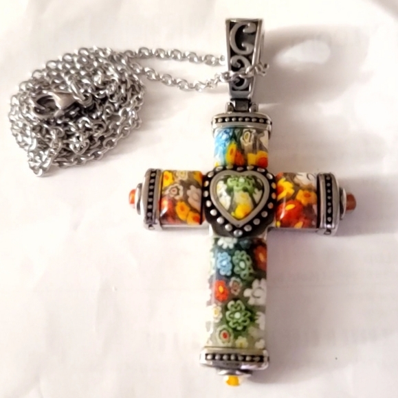 Shades of Italia Jewelry - Vintage Byzantine Merano Glass Ant. St. Steel Cross 20"chain (Venace,Italy 🇮🇹)